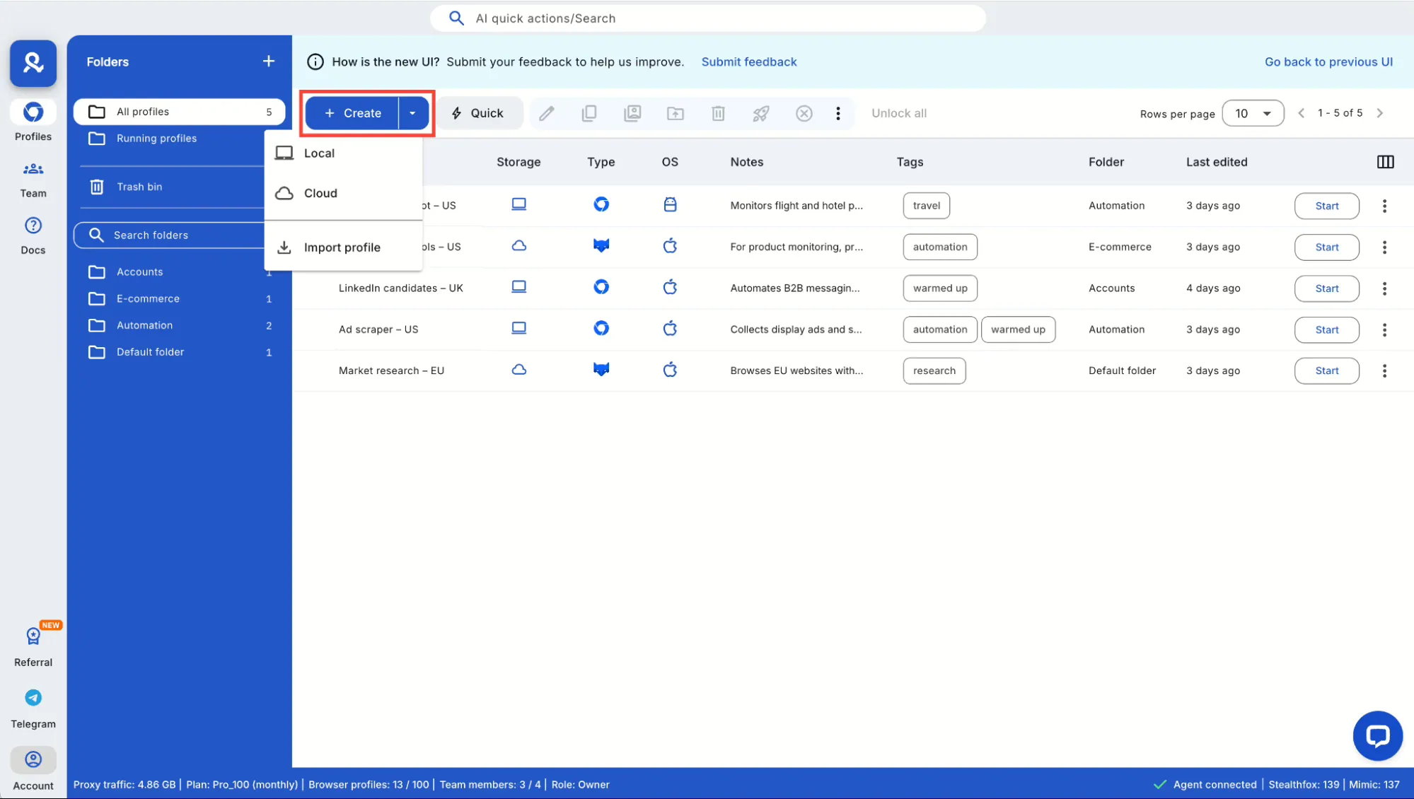 Панель управления Multilogin