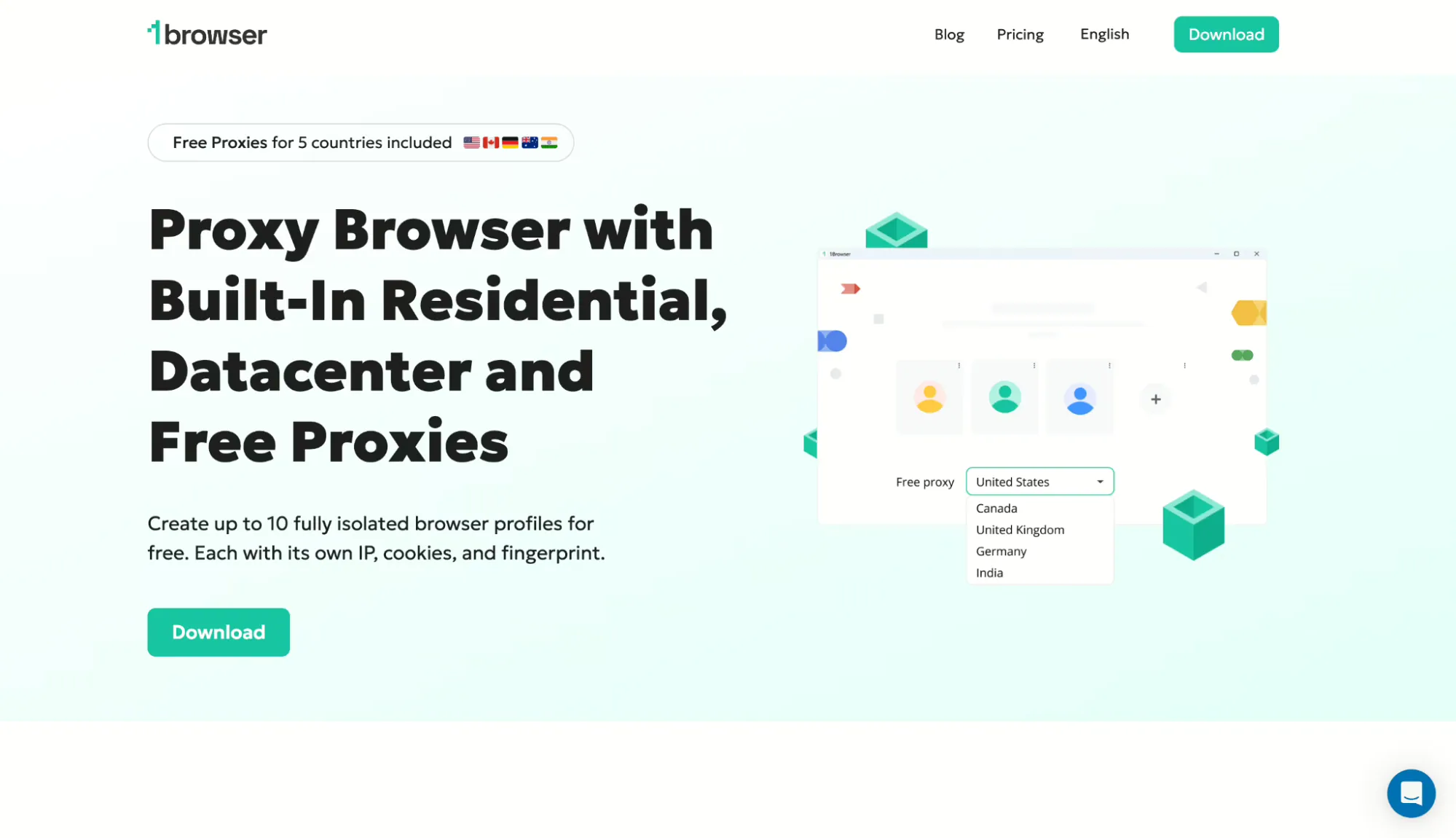 1browser homepage with built-in residential and free proxies