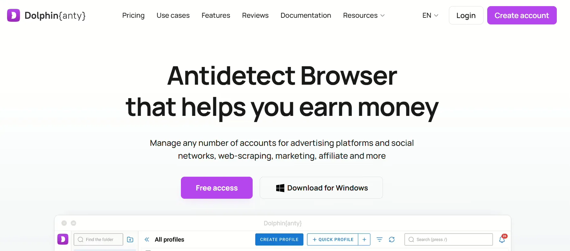 Dolphin Anty antidetect browser homepage