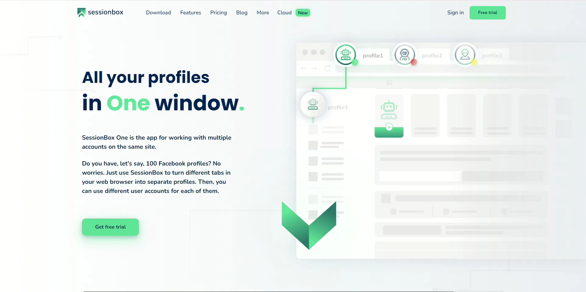 SessionBox homepage for managing multiple profiles