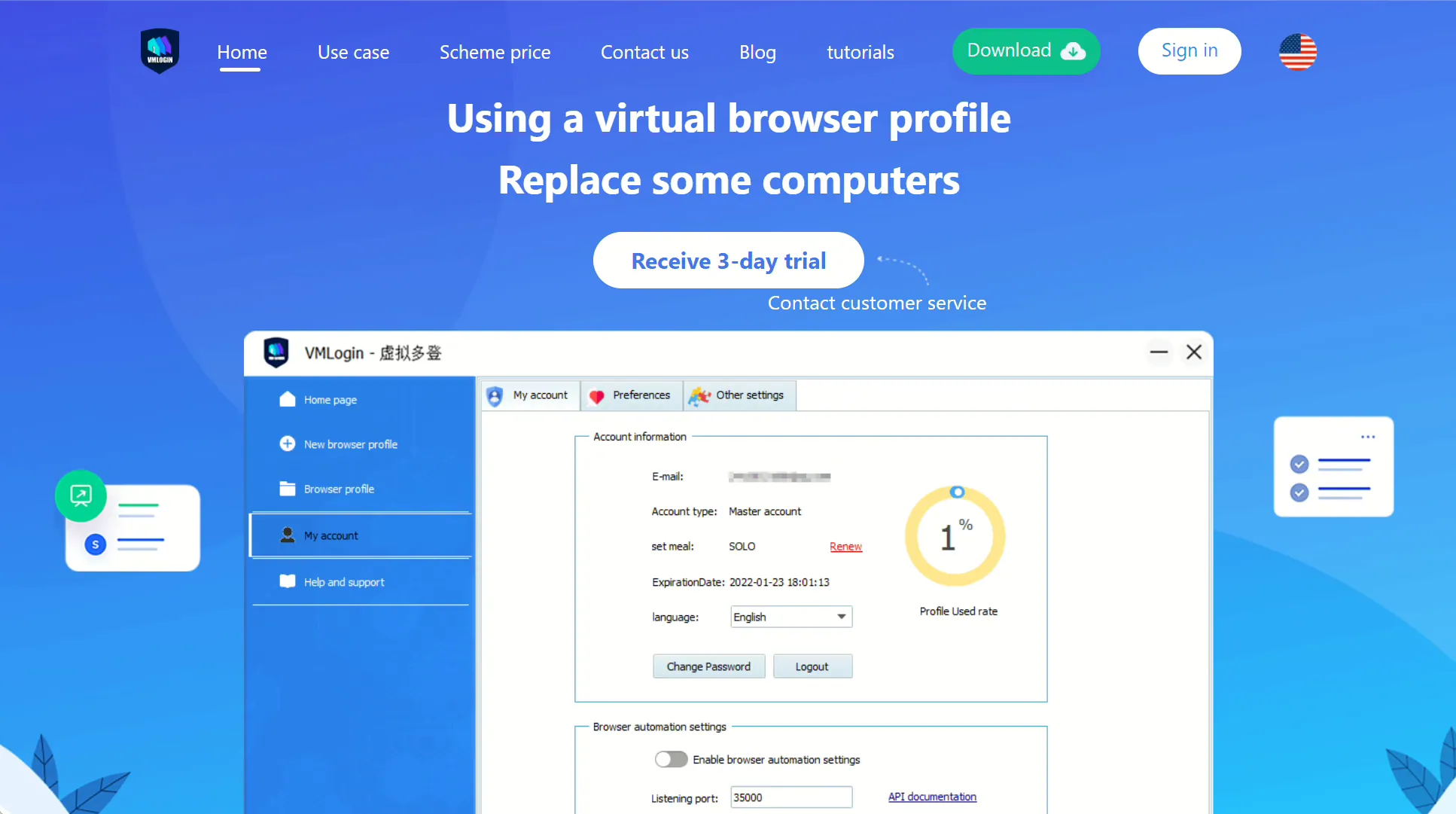 VMLogin homepage with virtual browser profile app