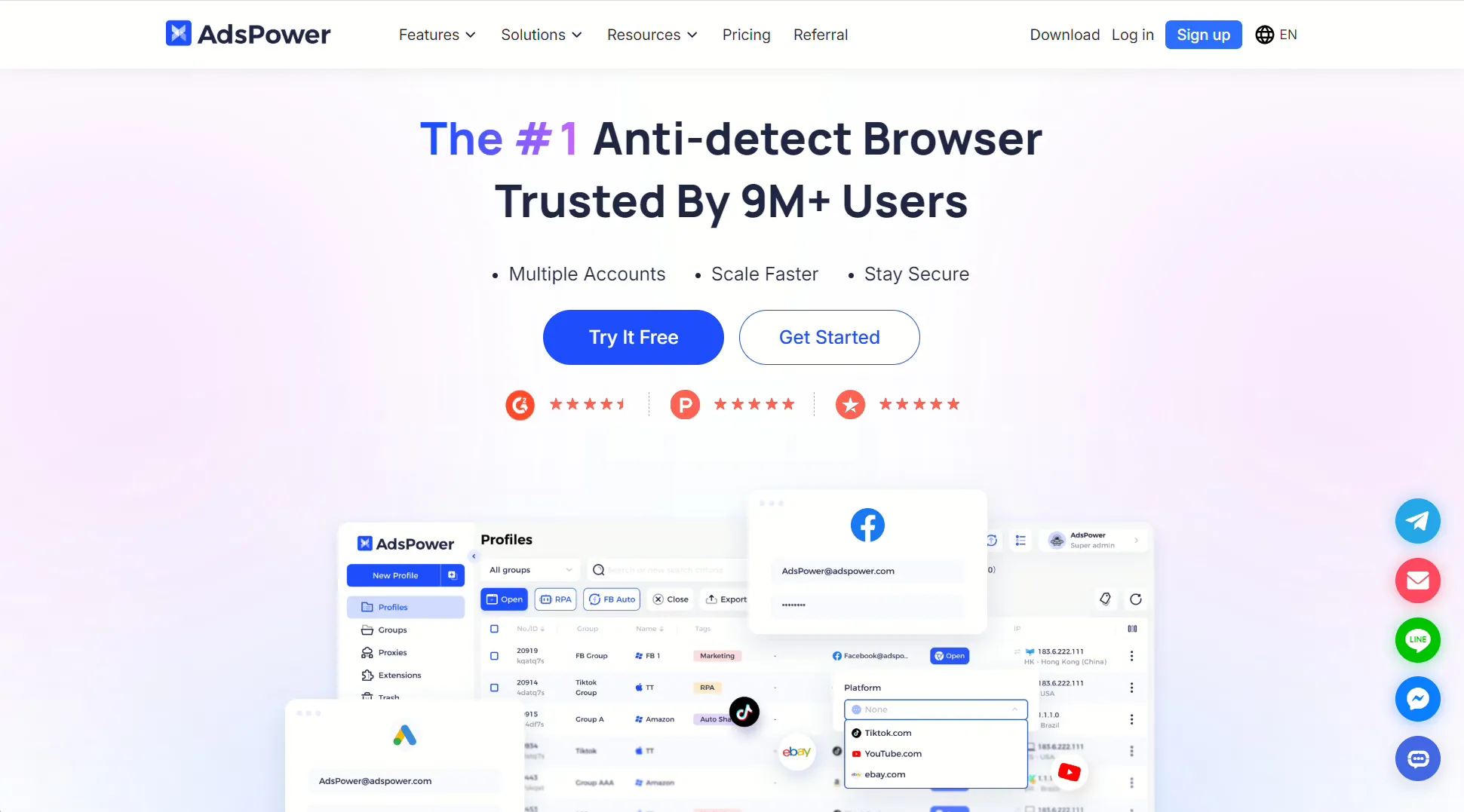 AdsPower antidetect browser homepage with profile manager