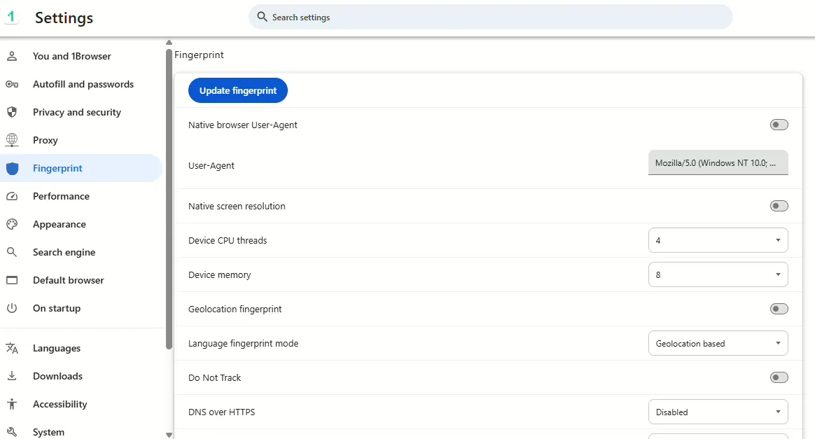 1browser fingerprint settings with user agent and hardware