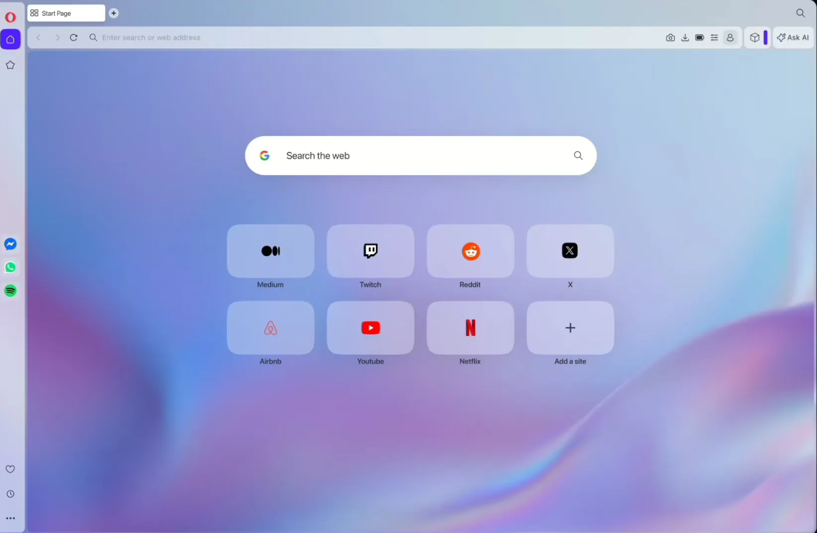 Opera browser start page