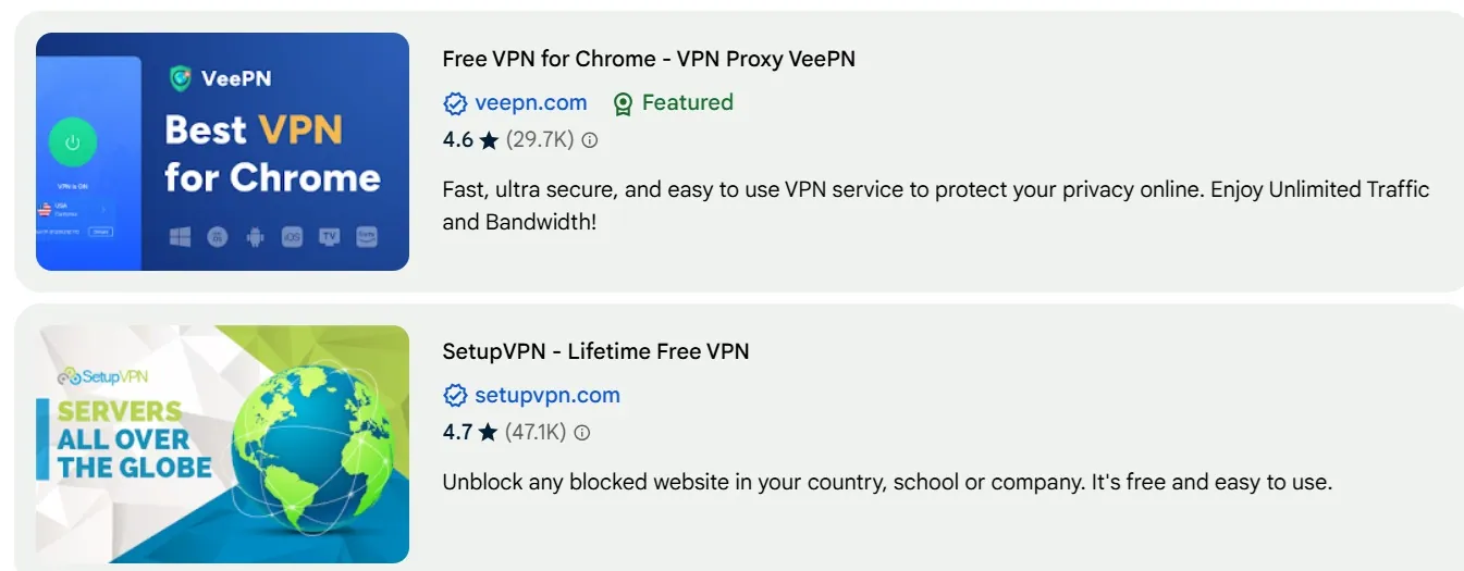 Расширения VeePN и SetupVPN в Chrome Web Store