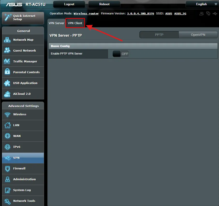 Настройки VPN роутера ASUS с вкладкой VPN Client