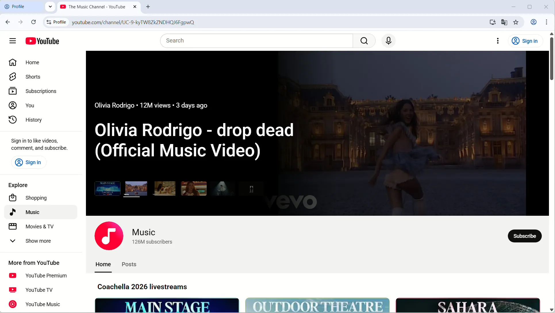 YouTube Music channel opened in a 1Browser profile