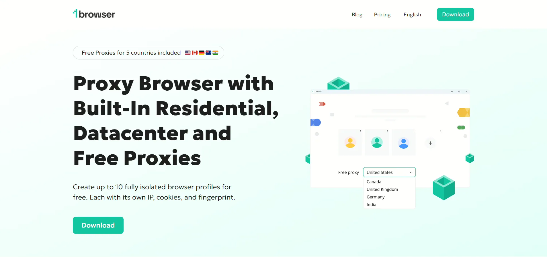 1browser homepage with built-in proxy countries