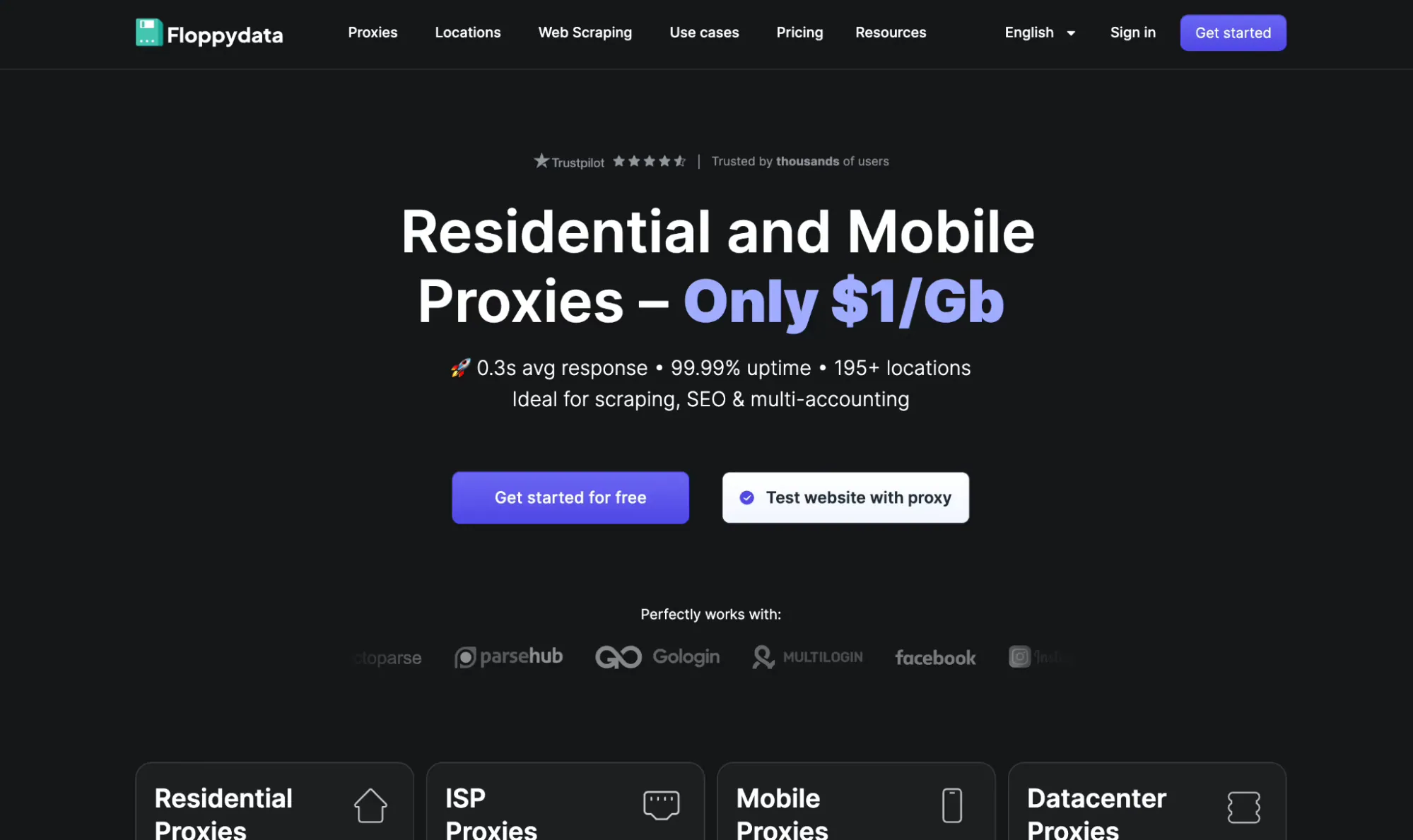 Floppydata residential and mobile proxies homepage