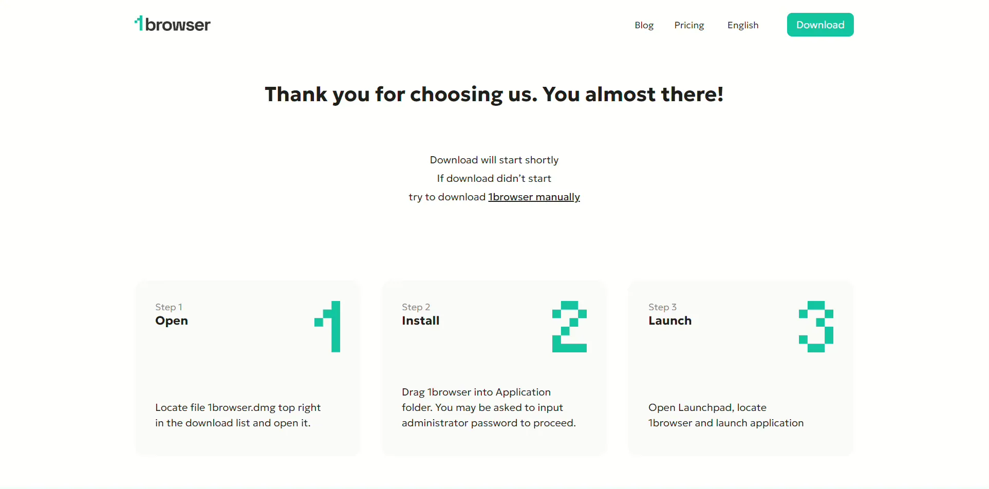 1browser download page with install steps