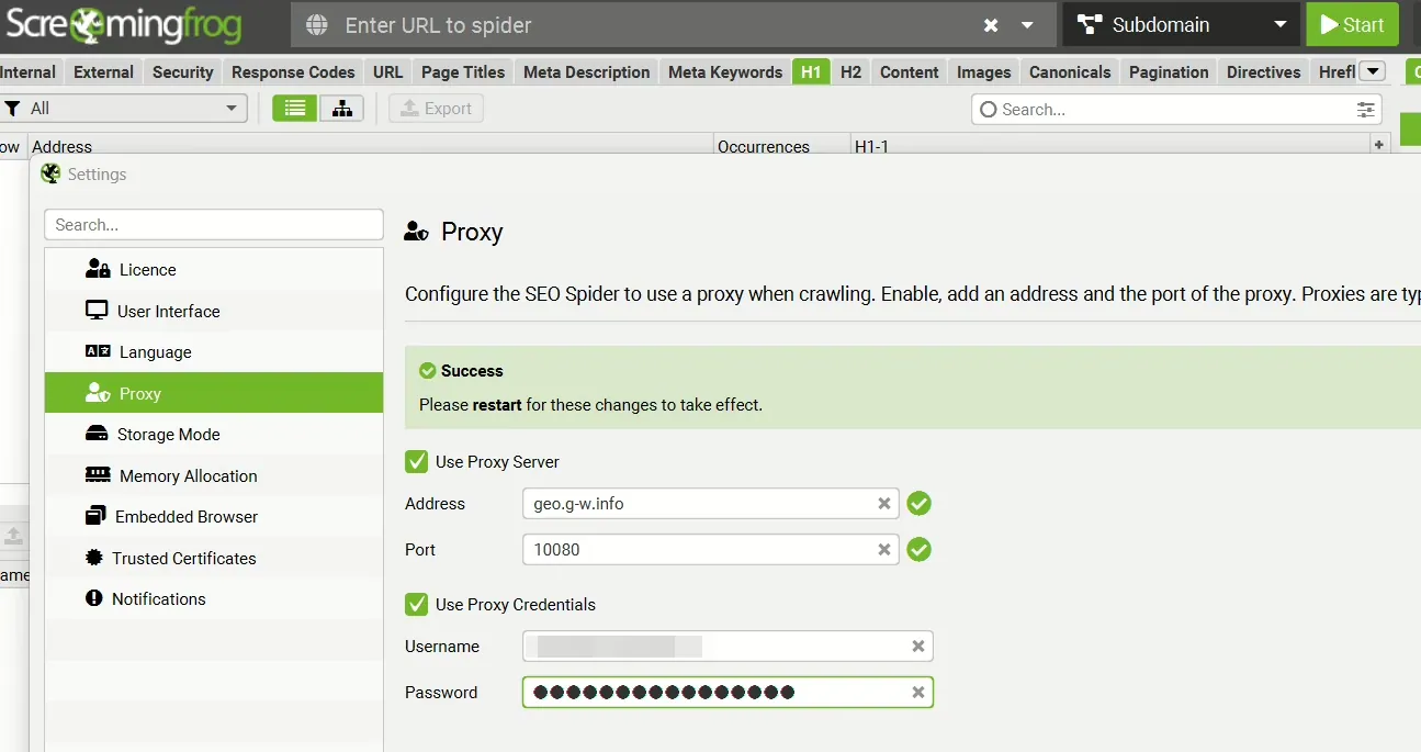 Screaming Frog proxy settings with credentials