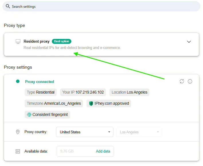 1Browser resident proxy connected in Los Angeles