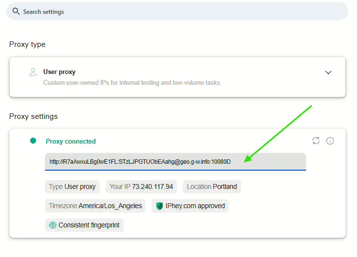 Floppydata proxy added as User proxy in 1Browser
