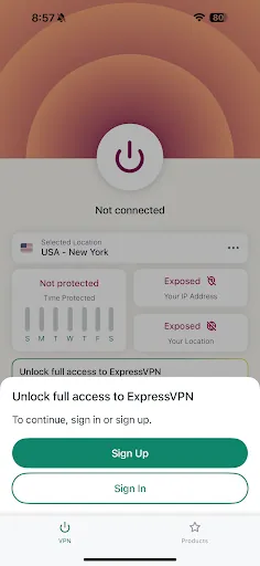 ExpressVPN app with USA New York location selected