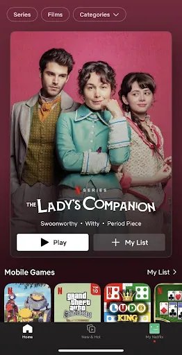 Netflix mobile home screen with regional catalog