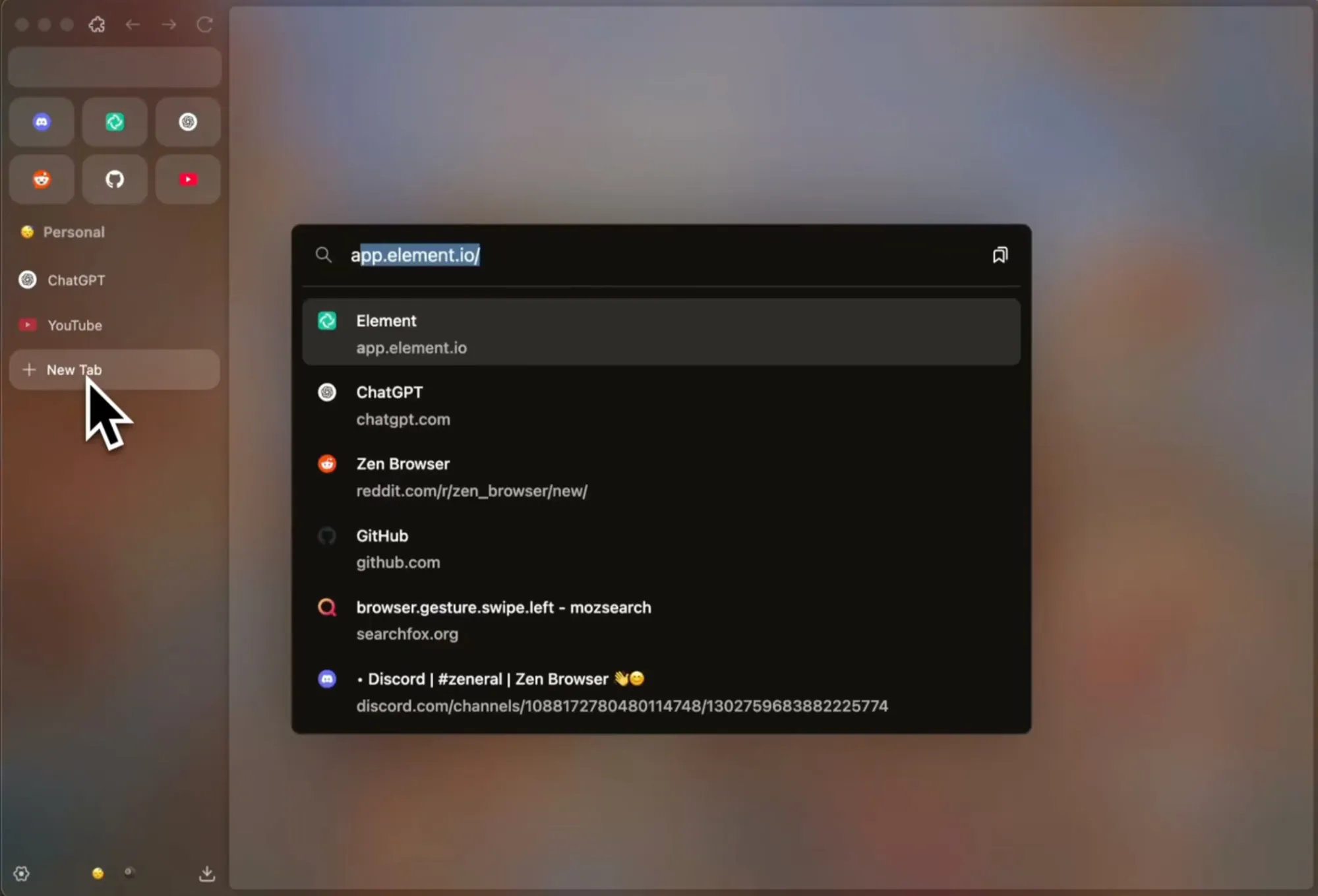 Zen Browser sidebar and search bar