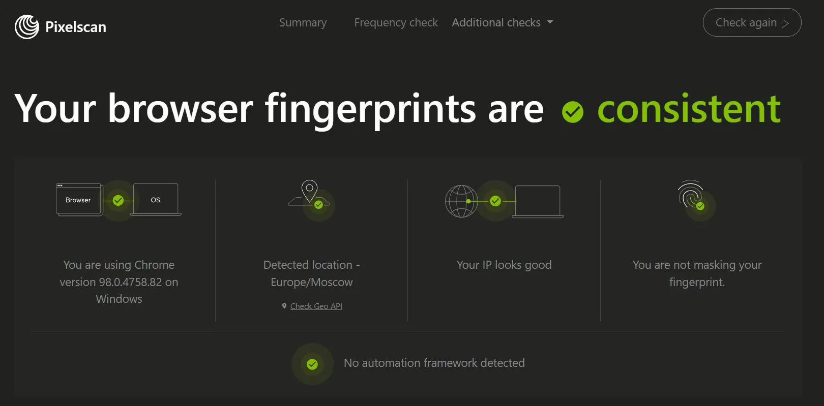 Pixelscan check showing consistent browser fingerprints