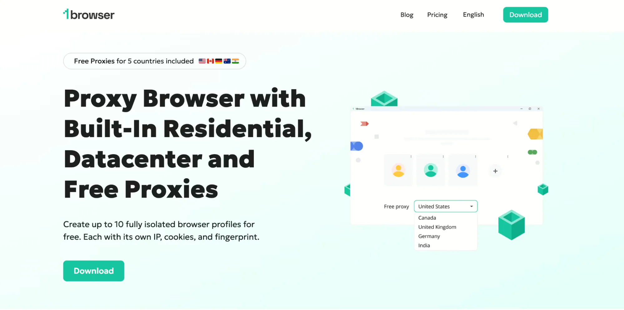 1browser homepage with built-in proxy countries
